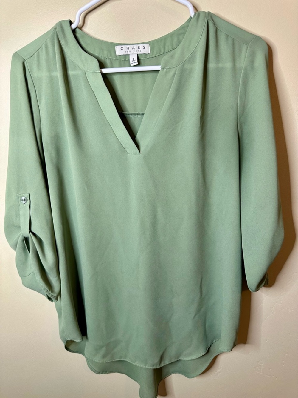 Chaus Women’s S Light Sage Green Blouse • V‑Neck Roll‑Tab Sleeve Top